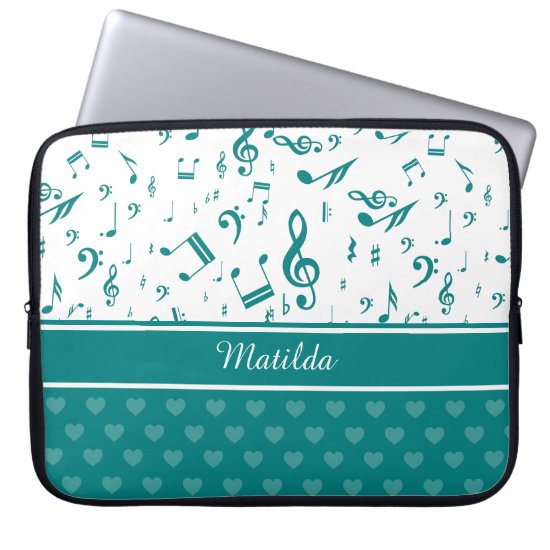 Music Notes and Hearts Pattern Teal and White Laptop Sleeve
