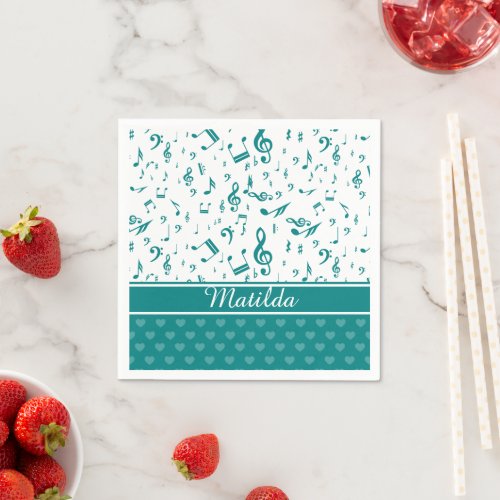 Music Notes and Hearts Pattern Teal and White Napkins