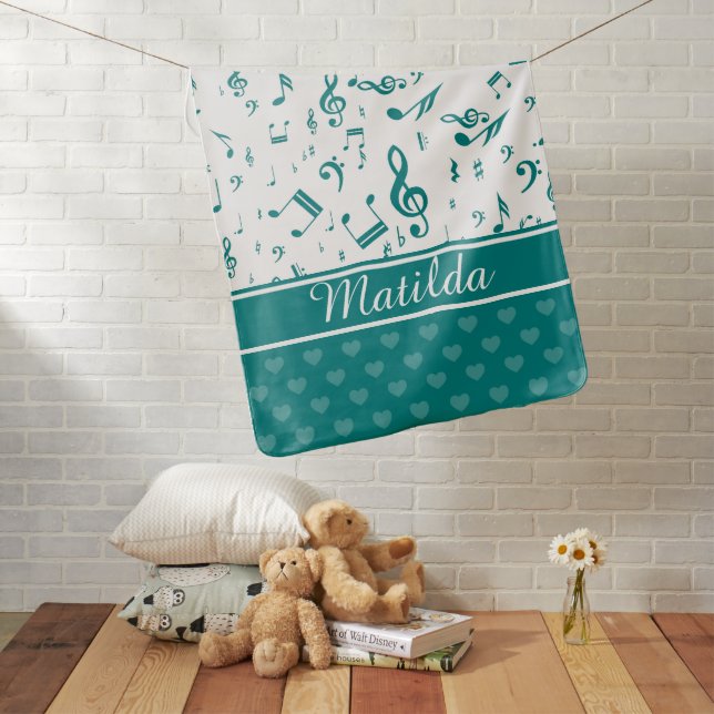 Music Notes and Hearts Pattern Teal and White Stroller Blanket (In Situ)