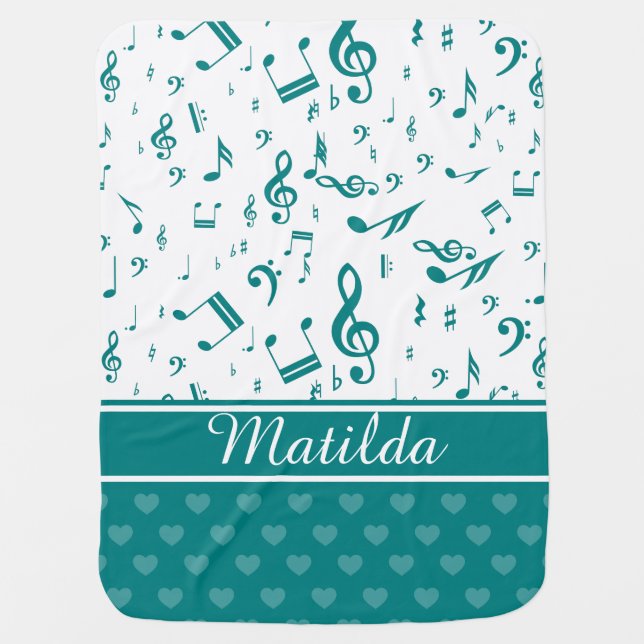Music Notes and Hearts Pattern Teal and White Stroller Blanket (Front)