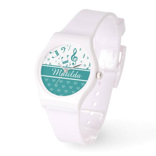 Music Notes and Hearts Pattern Teal and White Watch