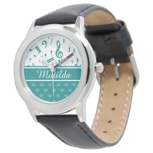 Music Notes and Hearts Pattern Teal and White Watch