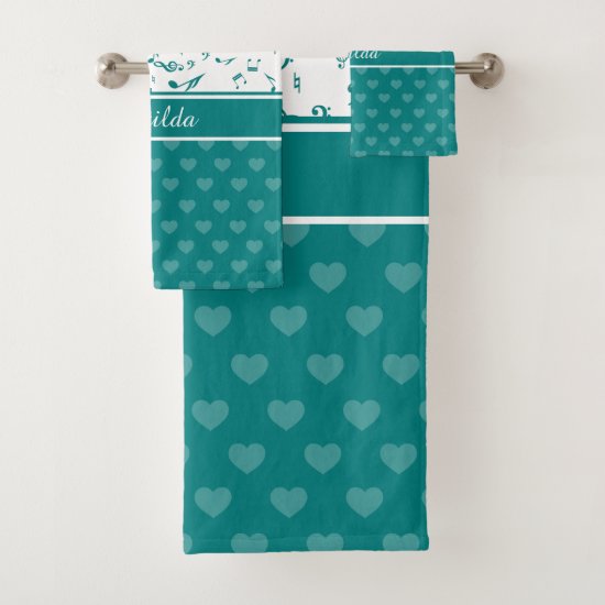 Music Notes and Hearts Pattern Teal Bath Towel Set