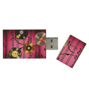 Music Notes and Records Wood Flash Drive