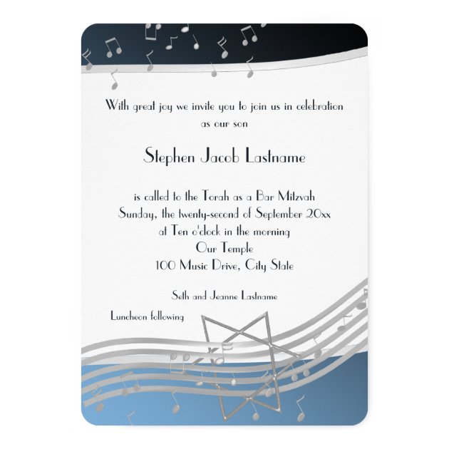 Music Notes Bar Mitzvah Silver And Blue Card