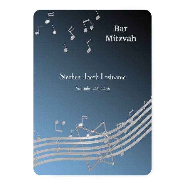 Music Notes Bar Mitzvah Silver And Blue Card
