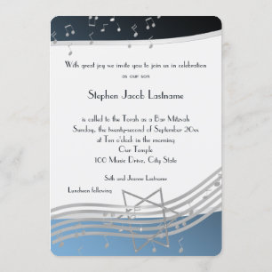 Music Notes Bar Mitzvah Silver and Blue Invitation