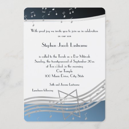 Music Notes Bar Mitzvah Silver And Blue Invitation