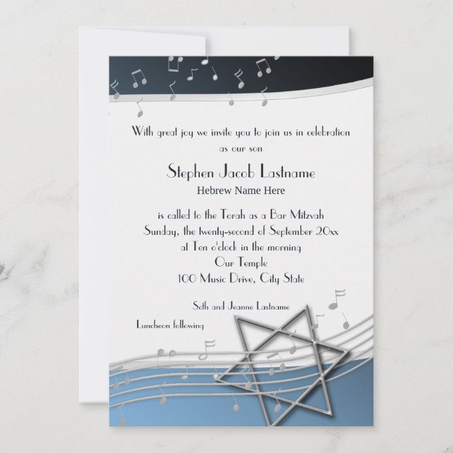 Music Notes Bar Mitzvah Silver and Blue Invitation (Front)