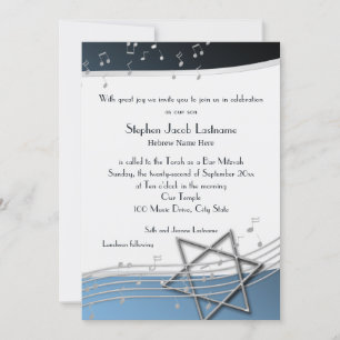 Music Notes Bar Mitzvah Silver and Blue Invitation