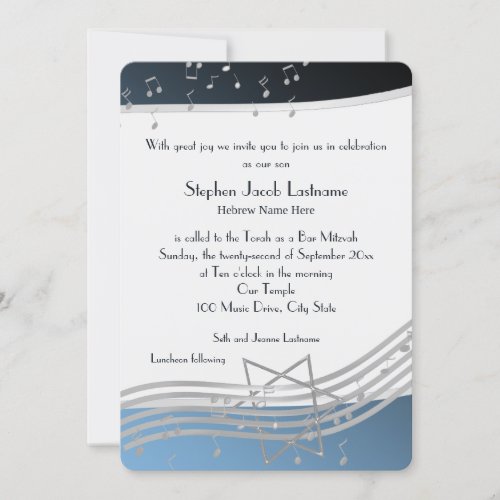 Music Notes Bar Mitzvah Silver and Blue Invitation