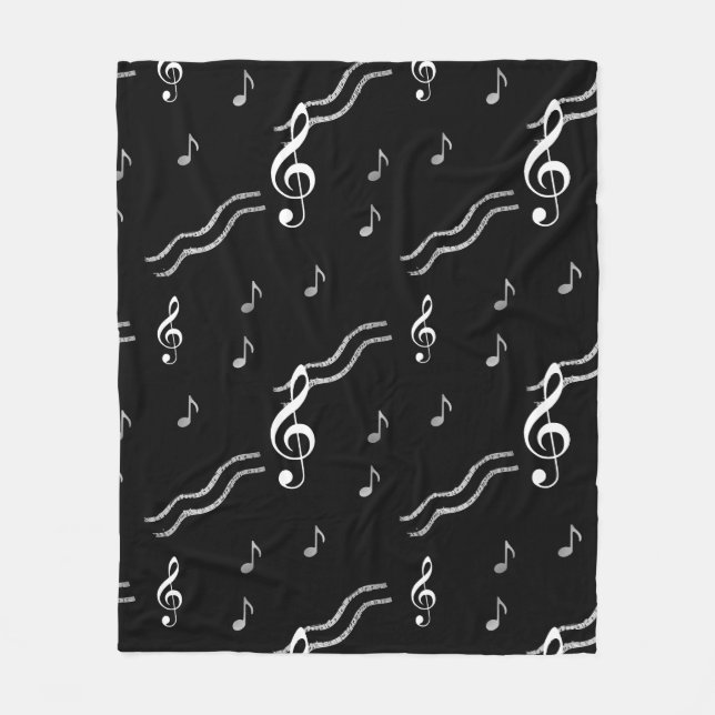 Music Notes Black and White Fleece Blanket (Front)