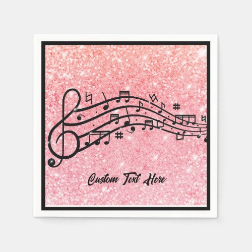 Music Notes Black Pink Glitter Sparkle Personalize Napkins