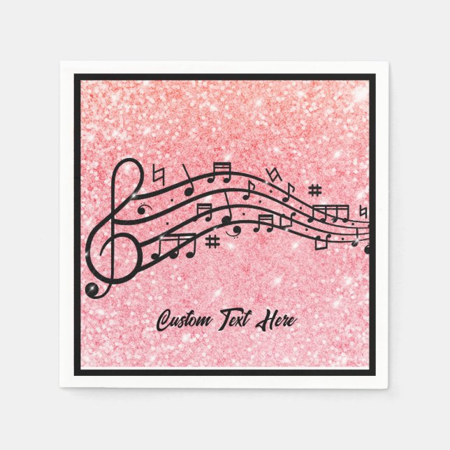 Music Notes Black Pink Glitter Sparkle Personalize Napkins (Front)