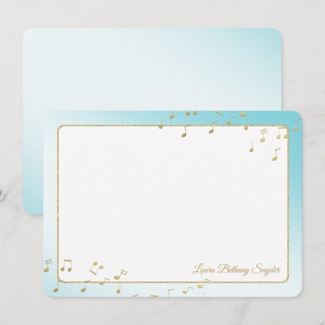 Music Notes Blue and Gold Flat Thank You Invitation (Front/Back)