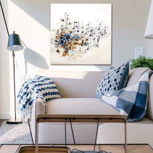 Music Notes Blue Brown Vines Flowers  Poster