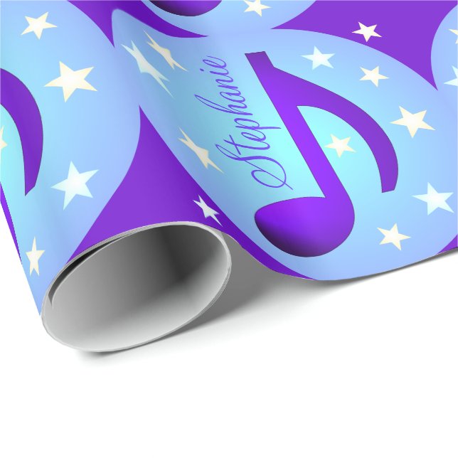 Music Notes Blue Circles Stars Purple Personalized Wrapping Paper (Roll Corner)