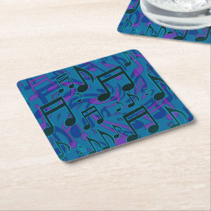 Music Notes Blue Green Purple Musical Pattern Square Paper Coaster