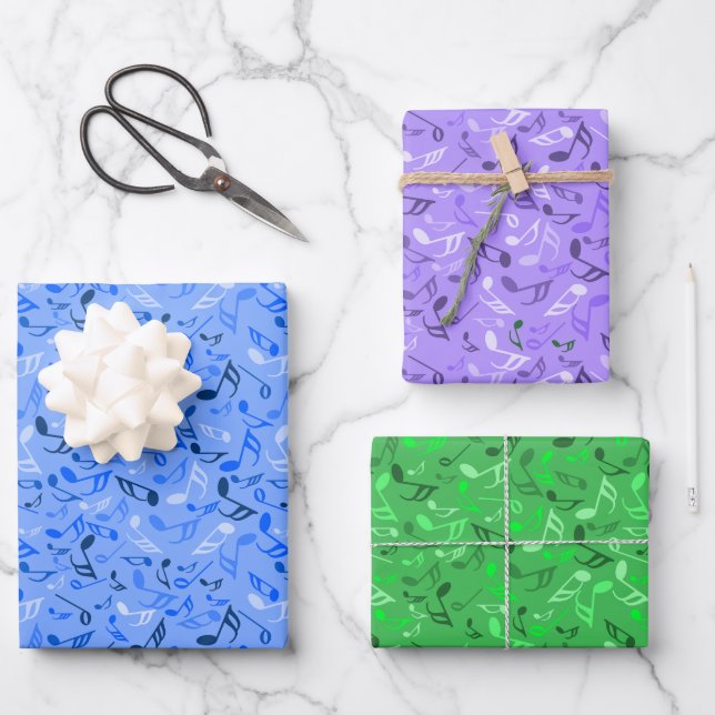 Music Notes Blue Green Purple Wrapping Paper Sheets (Front)