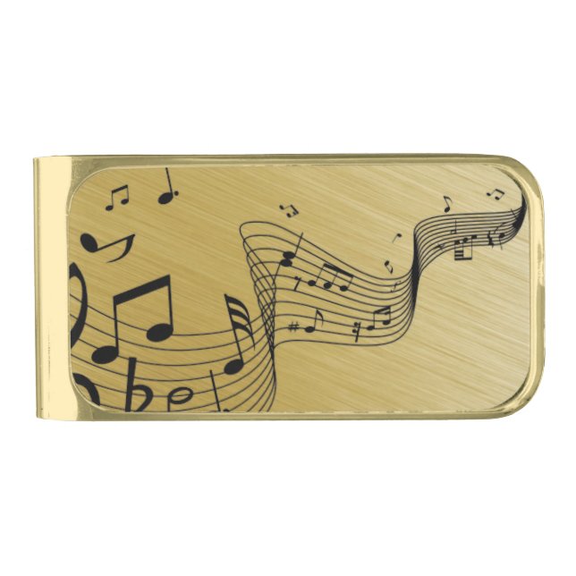 Music Notes Brushed Gold  Finish Money Clip (Front)