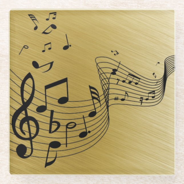 Music Notes Brushed Gold  Glass Coaster (Front)