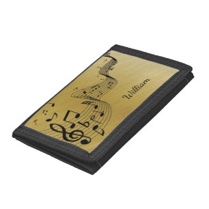 Music Notes Brushed Gold Trifold Wallet