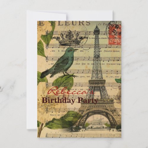 White rose birds botanical art vintage Paris Announcements