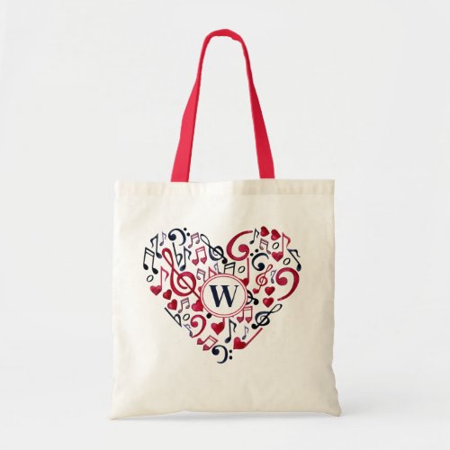Music Notes Clefs Musical Love Heart Monogram Tote Bag
