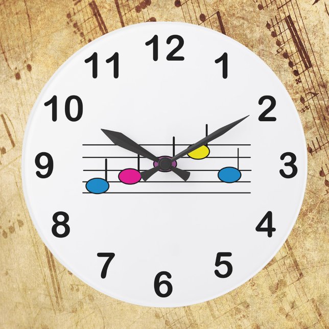 Music Notes Colorful Staff Numbers Large Clock (A fun clock with a picture of colorful music notes)