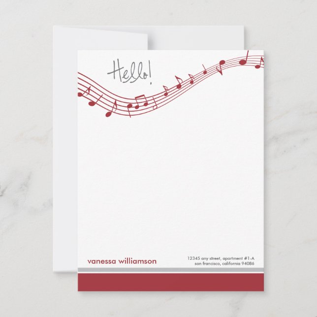 Music Notes Custom Flat Note Cards (red) (Front)