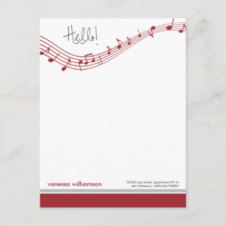 Music Notes Custom Flat Note Cards (red)