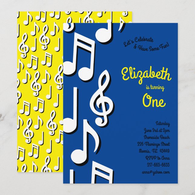 Music Notes Cute Kids 1st Birthday Party Invitation (Front/Back)