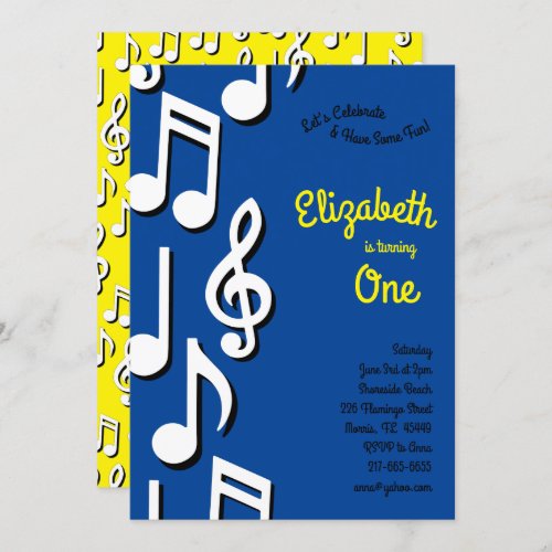 Music Notes Cute Kids 1st Birthday Party Invitation