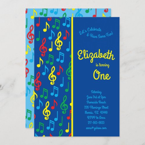 Music Notes Cute Kids 1st Birthday Party Invitation