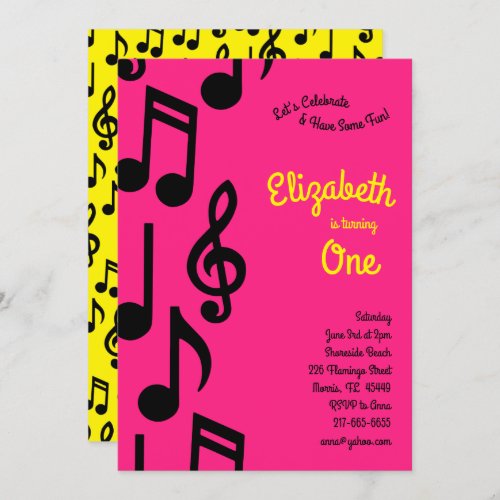 Music Notes Cute Kids 1st Birthday Party Pink Invitation