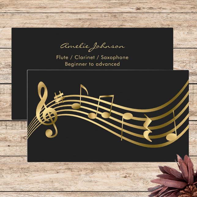 Music Notes Flute Teacher Gold Elegant Business Card (Creator Uploaded)