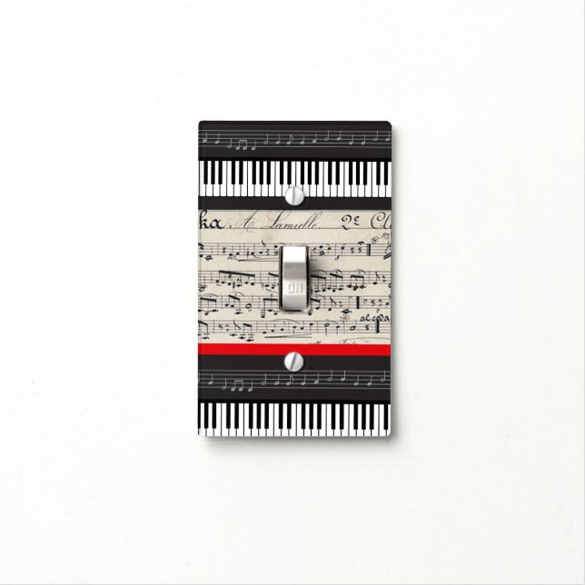 Music Notes French Sheet Music Pattern Red Black Light Switch Cover (In Situ)
