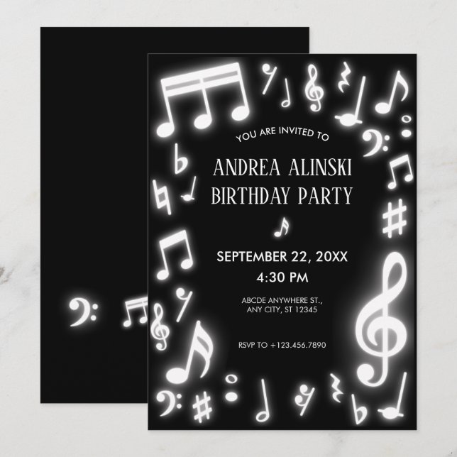 Music notes glow in the dark birthday invitation (Front/Back)