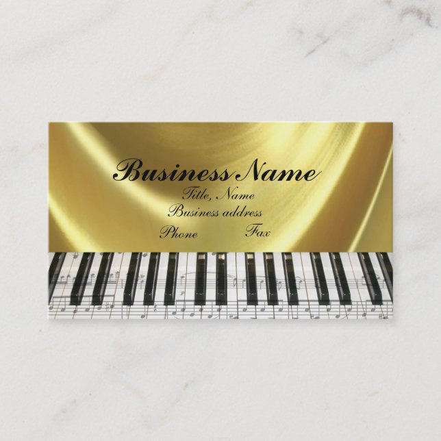 Music Notes Gold Piano Keyboard Business Card (Front)