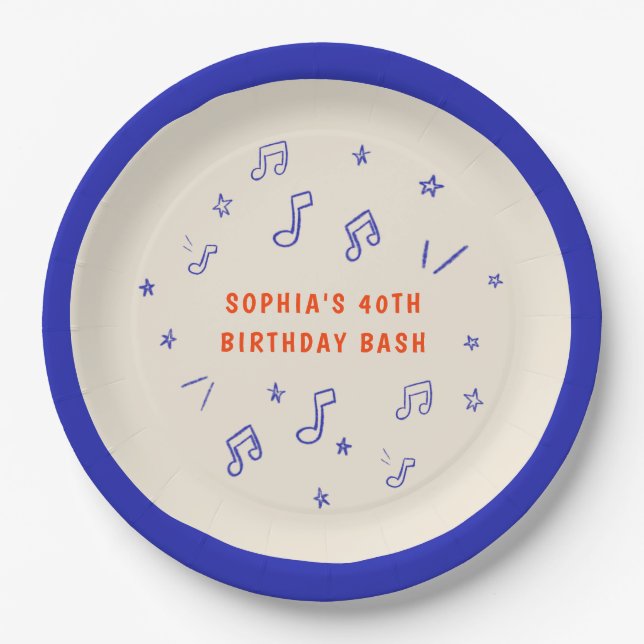 Music Notes Hand-Drawn Illustrations 40th Birthday Paper Plates (Front)