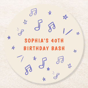 Music Notes Hand-Drawn Illustrations 40th Birthday Round Paper Coaster