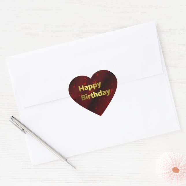 music notes happy birthday gold in red heart sticker (Envelope)