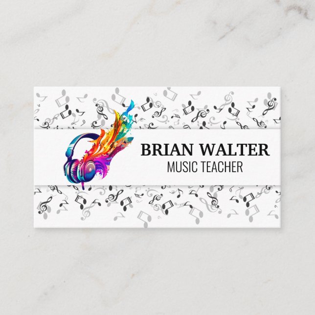 Music Notes | Head Phones Logo Business Card (Front)