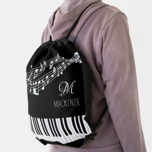 Music Notes Keyboard Monogram Name Custom Color Drawstring Bag