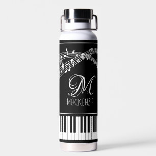 Music Notes Keyboard Monogram Name Custom Color Water Bottle