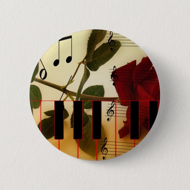 Music Notes Keyboard Red Rose Blossom Destiny Button (Front)