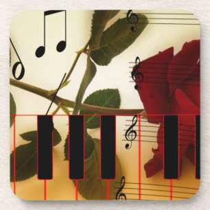 Music Notes Keyboard Red Rose Blossom Destiny Coaster