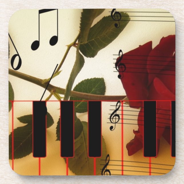 Music Notes Keyboard Red Rose Blossom Destiny Coaster (Front)