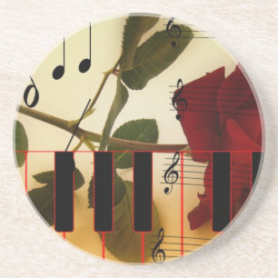 Music Notes Keyboard Red Rose Blossom Destiny Drink Coaster