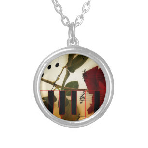 Music Notes Keyboard Red Rose Blossom Destiny Silver Plated Necklace